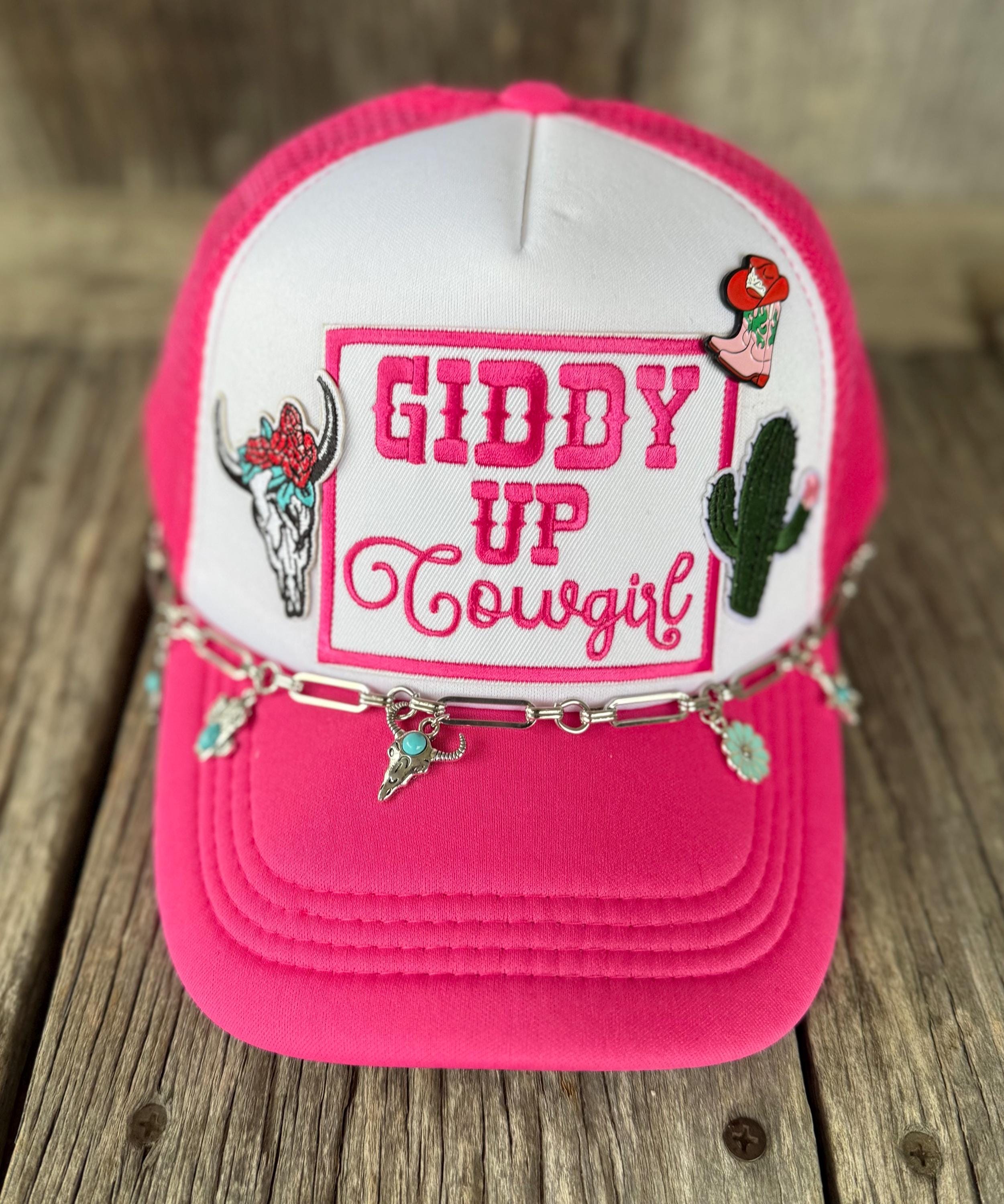 Western Pink Giddy up Cowgirl Trucker Hat With Chain  display picture 1