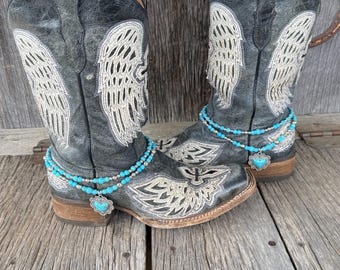 Western Boho Cowboy Boot Jewelry Bling Bracelet Chain: Silver and Turquoise beaded with heart Charms Concert Country Wedding accessory