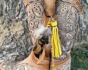Feather & Leather Tassel Boot Jewelry: Western Clover Charm Topper