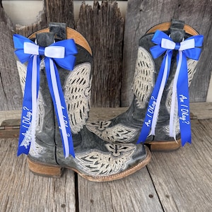 Lazos de encaje azul y blanco para botas vaqueras: Megan, ¿estoy bien?, concierto de música country, lazos brillantes para botas, accesorios y conjuntos.