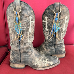 Boho Leather Beaded Fringe Boot Bling Jewelry Toppers: Leather Fringe Western Boot Bling - Blue- gold -  Beads - Easy clip on
