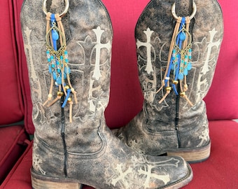 Stivali con frange in pelle Boho e perline, gioielli scintillanti: stivali western con frange in pelle, scintillanti - blu-oro - perline - facili da agganciare