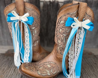 Turquoise & Ivory Lace Wedding Boot Bows: Western Bridal Accessory