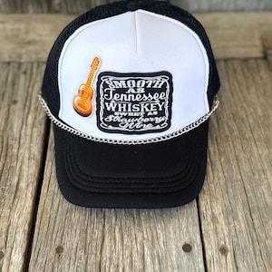 Black trucker hat Smooth As Tennessee Whiskey iron on Patch - silver hat chain George Jones - Chris Stapleton country music concert hat