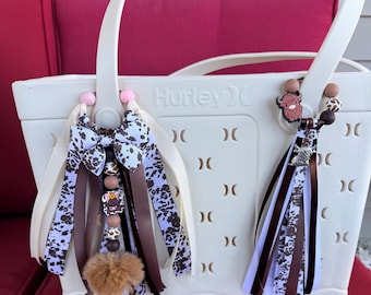 Silicone Beaded Highland Cow - Boggs Hurley bag tote purse backpack tassel ribbon charms - Cow Print - Faux Fur Pom Pom
