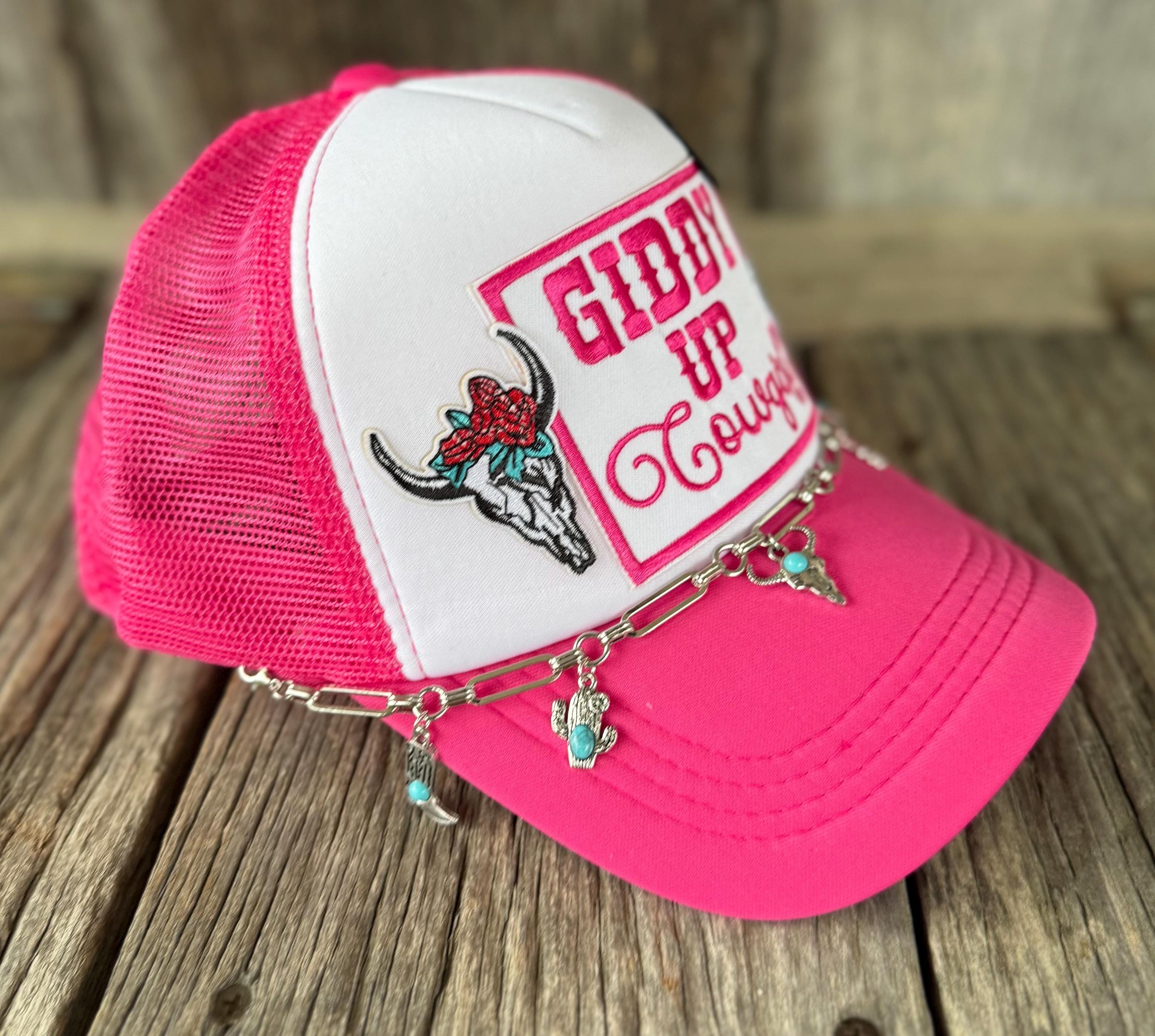Western Pink Giddy up Cowgirl Trucker Hat With Chain  display picture 2