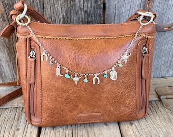 Western Country Boho Purse Handbag Jewelry Chain necklace accessories: Silver link chain with western charms - Turquoise accents