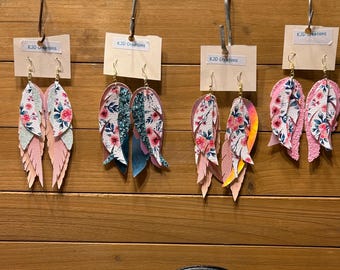 Boho Floral Faux Leather Feather Earrings: Layered Dangle