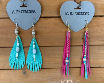Boho Western Fringe Dangle Earrings: Turquoise & Pink with bead accents