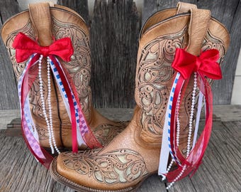 Red White Blue Checkered Boot Bows: Pearl Accent, Removable Clip