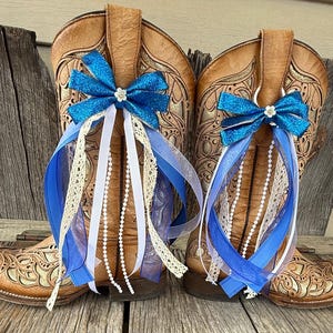 Megan Blue White lace pearl Country Music Concert western cowboy cowgirl Boot Bows Accessory- Trendy Removable wedding bridal boot bow bling