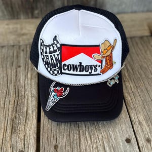 Western cowgirl Black Trucker Hat Cowboys Yee Haw steer skull hat and boots Iron On Patches with Silver Hat chain.