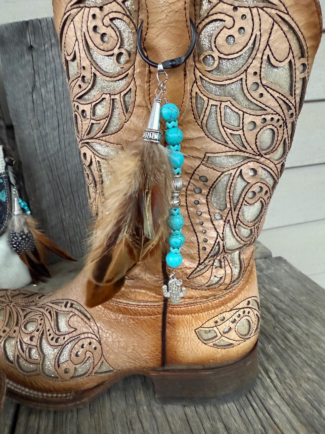 Boot Topper, Boot Bling, Boho Feather With Turquoise Beads - Metal ...