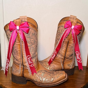 Pink White lace Western Boot Bows: Megan - Cloud 9 inspired! Country Music Concert Boot Bling Ribbon Accessory Outfits