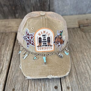 Tan Western Cowboy Rodeo Cowgirl Mama Don’t Let Your Babies Grow Up To Be Cowboys cow print star bronco iron on patches trucker hat chain