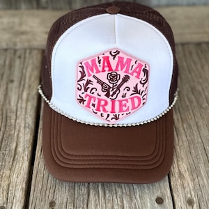 Brown trucker hat - Mama Tried iron on Patch - silver hat chain Merle Haggard western cowgirl country music concert hat