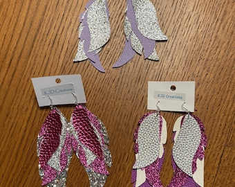 Boho Western Faux Leather Layered long Dangle feather shaped earrings: Purple - Lavender - Silver - White - Glitter