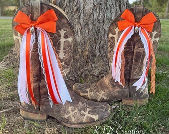 Game Day Boot Bows: Tennessee Orange & White Football Charms