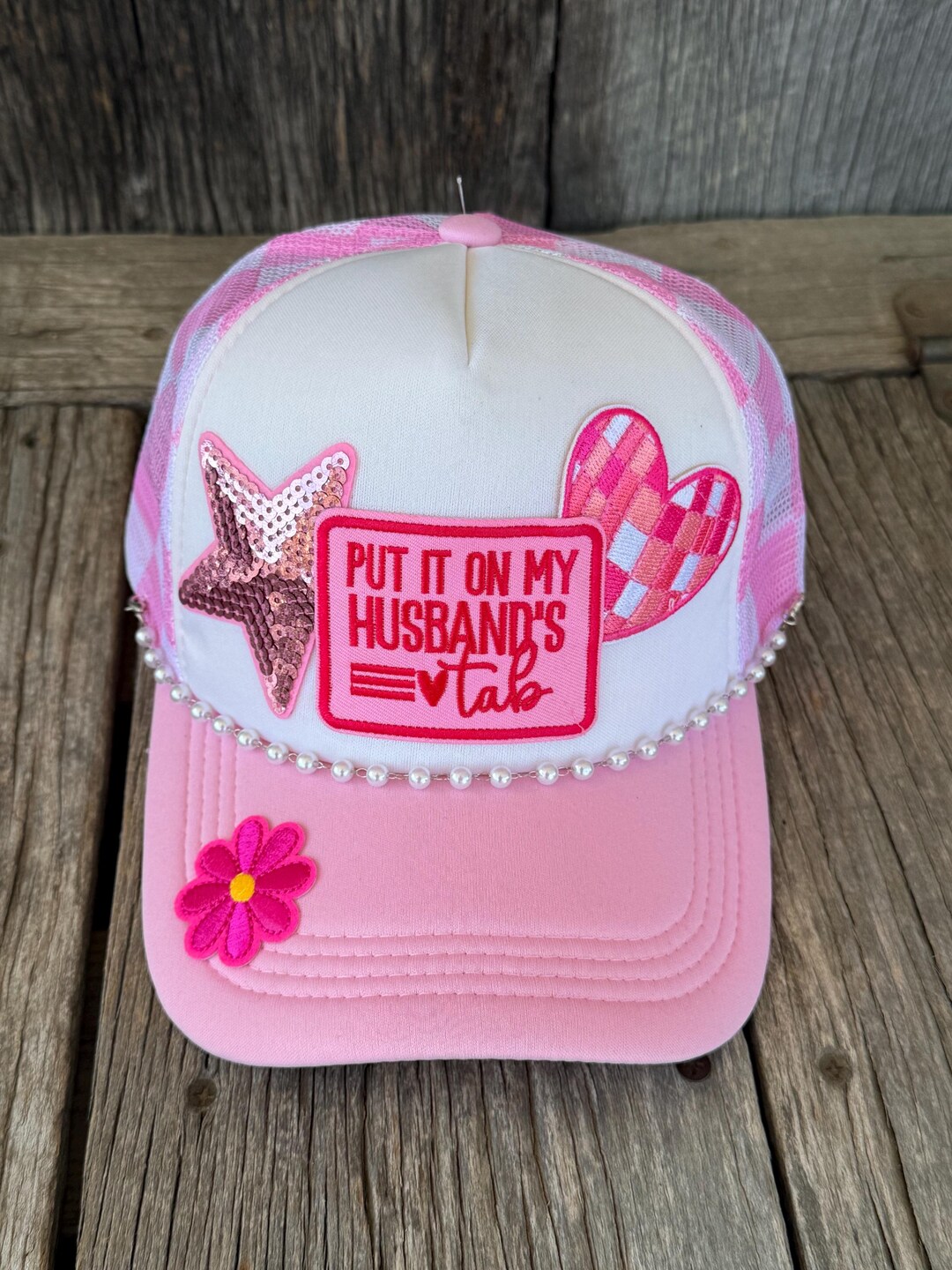 Pink Trucker Hat Checkered Mesh: Put It on My Husband’s Tab Patch ...