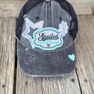 Distressed Black Trucker Ponytail Hat Spoiled By My Blue Collar Man Lil Bougie glitter stars & hearts Iron on Patches hat chain