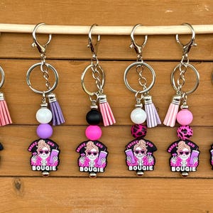 Broke and Bougie Boujee Silicone Beaded Leather Tassel Keychain Bag Backpack Charm. Pink & Purple