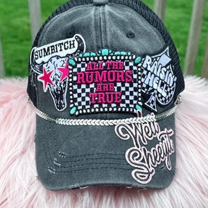 Fun Sassy Western theme Black Trucker Ponytail Cap Hat - All The Rumors Are True - Well Sheeyit - Sumbitch - Raisin Hell