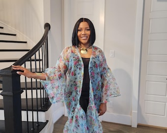 Patterned Organza Kimono/ Traditional Kimono/ Nigerian Kimono/Organz Kimono/ Colorful Poncho/ Fall outfit/Elegant African trendy Kimono