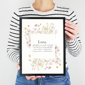 Luna Acrostic Name Poem, Floral Nursery, Bedroom Art, Little Girl Namesake Poem