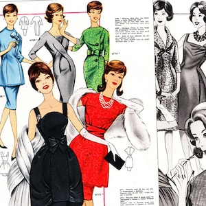 May include: A vintage fashion illustration showcasing several women in a variety of dresses and coats. The illustration is primarily black and white with splashes of colour. The dresses are all stylish and elegant, while the coats are chic and sophisticated. This illustration is a great example of 1960s fashion.