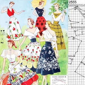 May include: A vintage illustration of five women wearing different styles of dresses. The dresses are all full-skirted and feature floral prints. The illustration is from a 1950s sewing pattern book and includes a grid pattern for sewing.