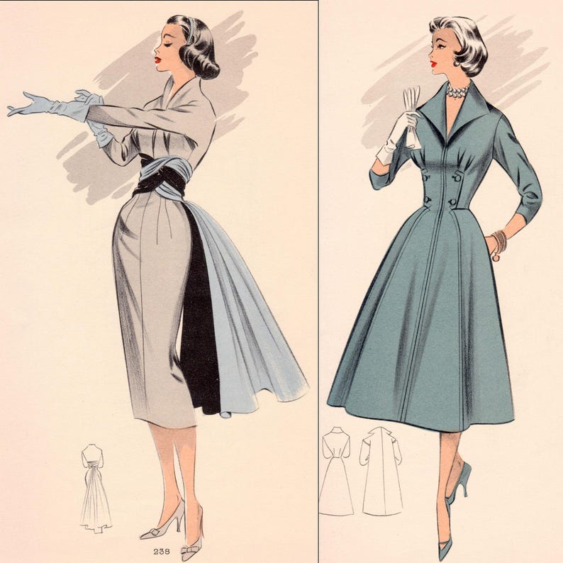 May include: Vintage fashion illustration featuring two elegant dresses. The first dress is a light gray with a black sash and a flowing blue panel. The second is a teal dress with a button-down bodice and a flared skirt, both with matching heels.