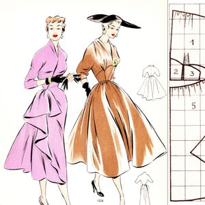 May include: Illustration of two women in vintage dresses. One wears a pink dress with a layered skirt, the other a brown dress with a wide skirt and a large black hat. Both wear gloves and heels. A pattern diagram is in the background.