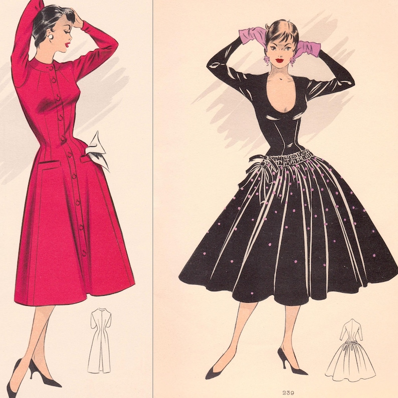May include: Vintage fashion illustration featuring two elegant dresses. One is a button-down red dress with a flared skirt and a white bow. The other is a black dress with a scoop neckline and a polka-dot skirt. Both figures are wearing heels.