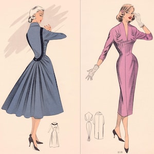 May include: Vintage fashion illustration featuring two women in dresses. One woman is in a blue dress with a flared skirt and black accents. The other is in a pink dress with a fitted silhouette and three-quarter sleeves. Both wear black heels.