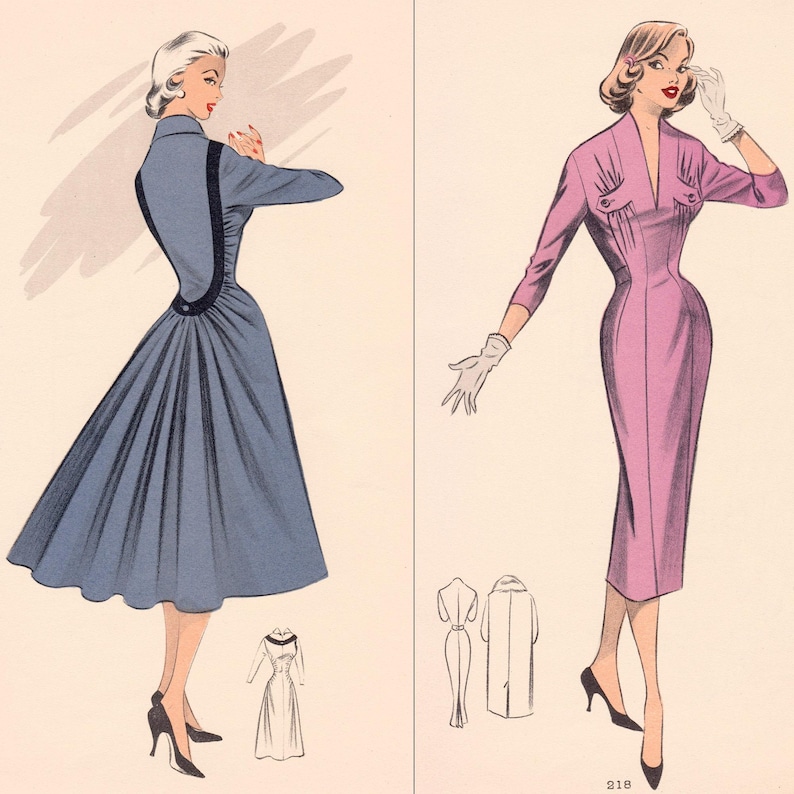 May include: Vintage fashion illustration featuring two women in dresses. One woman is in a blue dress with a flared skirt and black accents. The other is in a pink dress with a fitted silhouette and three-quarter sleeves. Both wear black heels.