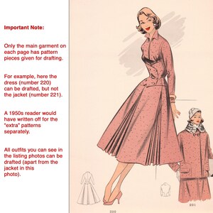 May include: Illustration of a vintage fashion design featuring a pink dress with a double-breasted bodice and a full skirt. A matching coat with a fur collar is also shown. The image includes text about drafting patterns.