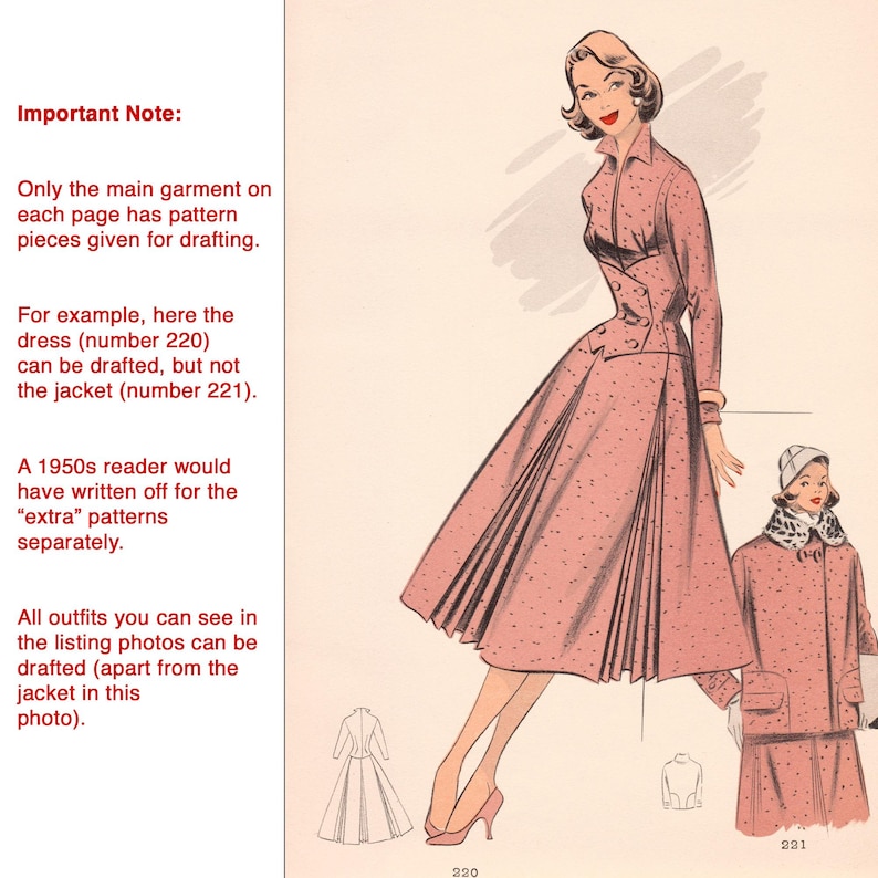May include: Illustration of a vintage fashion design featuring a pink dress with a double-breasted bodice and a full skirt. A matching coat with a fur collar is also shown. The image includes text about drafting patterns.