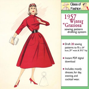 May include: Illustration of a woman in a red dress with a black belt, red shoes, and a white clutch. The image is from a 1957 sewing pattern drafting system called "Graziosa". The pattern includes dresses for day, evening, and cocktail wear.
