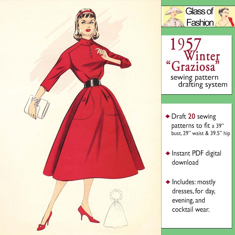May include: Illustration of a woman in a red dress with a black belt, red shoes, and a white clutch. The image is from a 1957 sewing pattern drafting system called "Graziosa". The pattern includes dresses for day, evening, and cocktail wear.