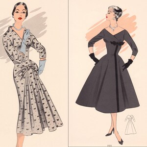 May include: Two vintage fashion illustrations. The first shows a woman in a light-colored dress with a black pattern, long sleeves, and a cinched waist. The second depicts a woman in a dark gray dress with a flared skirt, black gloves, and a bow detail.