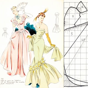 May include: A vintage fashion illustration showcasing two evening gowns. One is a pale pink dress with rose details, the other a cream-coloured strapless gown with floral accents. Includes dress patterns and French text.