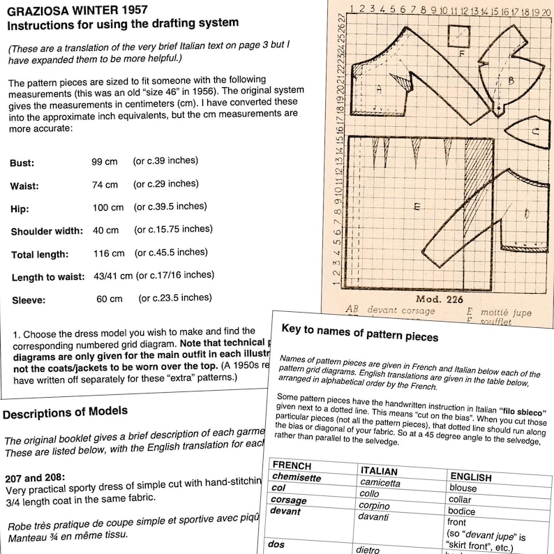 May include: Vintage sewing pattern instructions from Graziosa Winter 1957. The image shows pattern pieces and measurements in centimeters and inches. Includes a table with French, Italian, and English terms for pattern pieces. The bust is 39 inches.