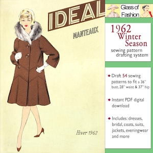Peut inclure: Une couverture de patron de couture vintage repr&eacute;sentant une femme portant un manteau marron avec un col en fourrure. La couverture est intitul&eacute;e "Id&eacute;al Manteaux" et "1962 Hiver Saison". Le texte indique &eacute;galement "&Eacute;bauche 54 patrons de couture pour un tour de poitrine de 91 cm, un tour de taille de 71 cm et un tour de hanches de 94 cm".