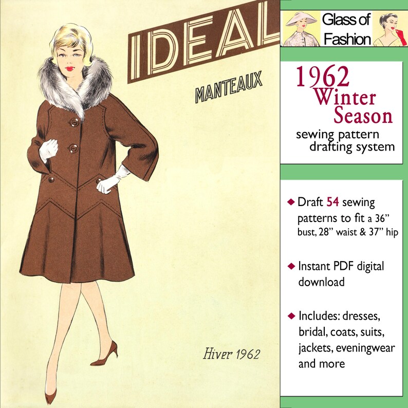 Peut inclure: Une couverture de patron de couture vintage repr&eacute;sentant une femme portant un manteau marron avec un col en fourrure. La couverture est intitul&eacute;e "Id&eacute;al Manteaux" et "1962 Hiver Saison". Le texte indique &eacute;galement "&Eacute;bauche 54 patrons de couture pour un tour de poitrine de 91 cm, un tour de taille de 71 cm et un tour de hanches de 94 cm".