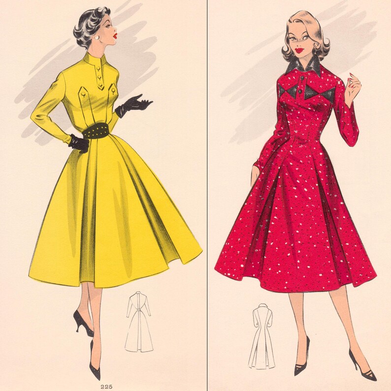 May include: Illustration of two vintage dresses. One is a bright yellow, long-sleeved dress with a flared skirt, black belt, and black heels. The other is a red dress with white polka dots, long sleeves, and black heels. Both dresses have a mid-calf length.