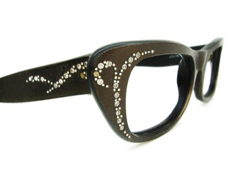 Vintage 70s Rectangle Cat Eye Glasses Eyeglasses or Sunglasses Frame Prestige Italy Satin Brown wood Grain Look