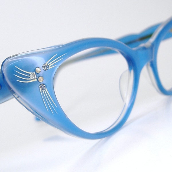 Vintage Blue 50s Cat Eye Glasses Sunglasses Eyewear Frame France NOS