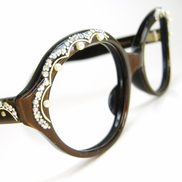Vintage 1960s Satiny Brown Oval Cateye Eyeglasses Frame With Pearls And Rhinestones NOS Eyewear