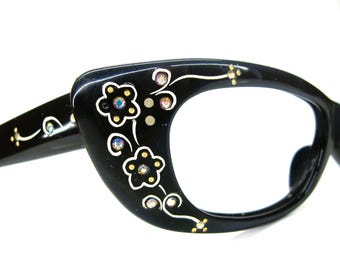 Occhiali da vista o da sole vintage con montatura a occhi di gatto e fiori, Francia, con strass