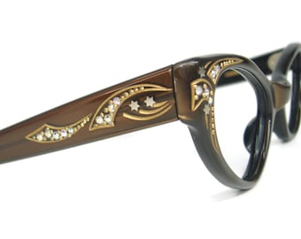 Gafas de sol o gafas de sol vintage de satén marrón con montura de ojo de gato, Francia, con diamantes de imitación, NOS